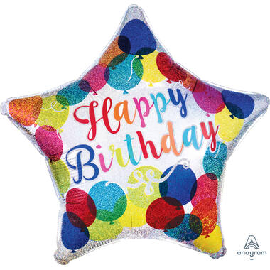 Foil Balloon - Shape - Star - Happy Birthday - Holographic Glitter - 48 cm
